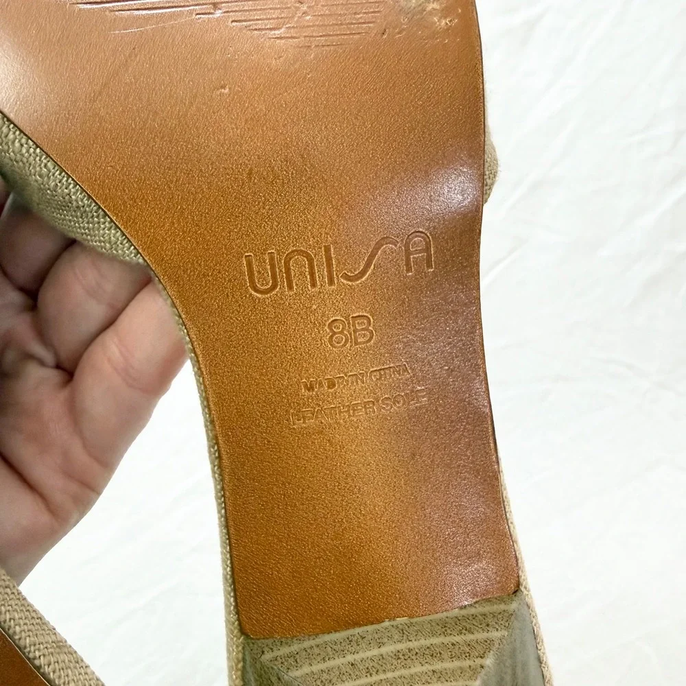 Vintage Y2K Unisa Ceecee Beaded Linen Kitten Heel Slide Sandals Size 8B
